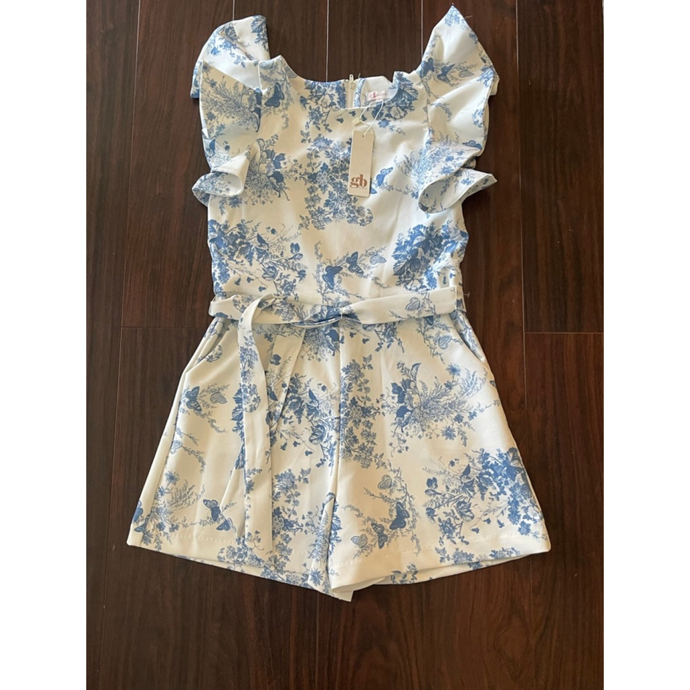 GB Girls Blue Toile Belted Romper, Size 14 (NWT)